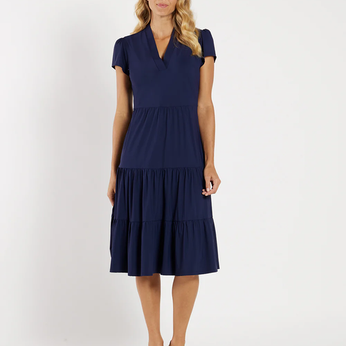 V-Neck Puff Short Sleeve Tiered Flounce Midi Dress
