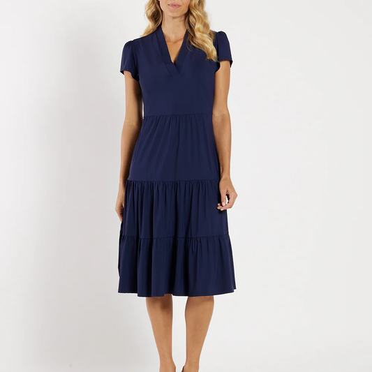 V-Neck Puff Short Sleeve Tiered Flounce Midi Dress
