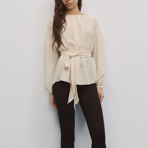 High Neck Puff Sleeve Belted Waist Peplum Blouse